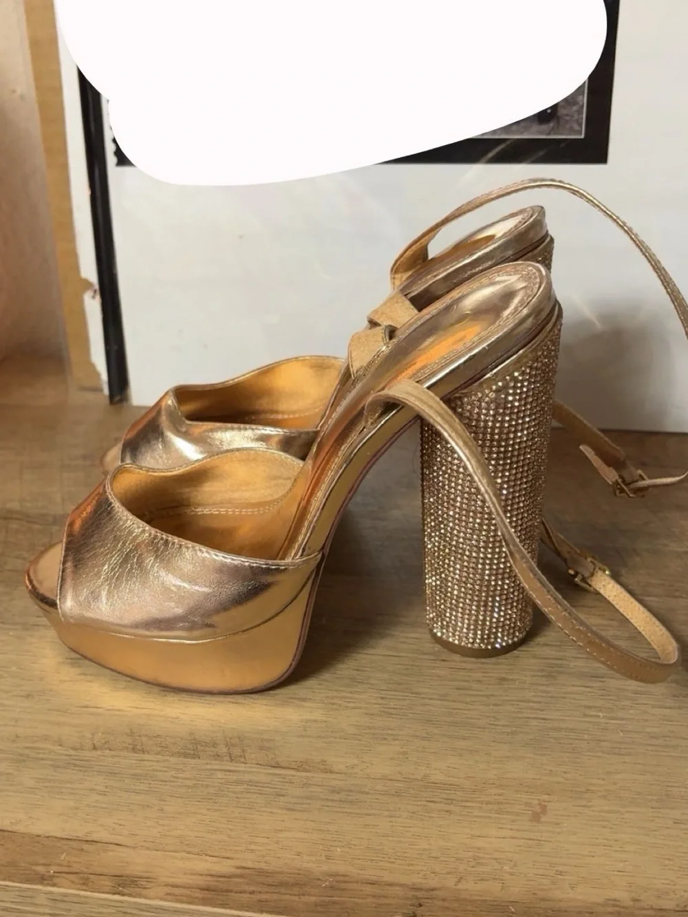 Metallic Gold Platform Slingback Heels with Crystal-Embellished Block Heel